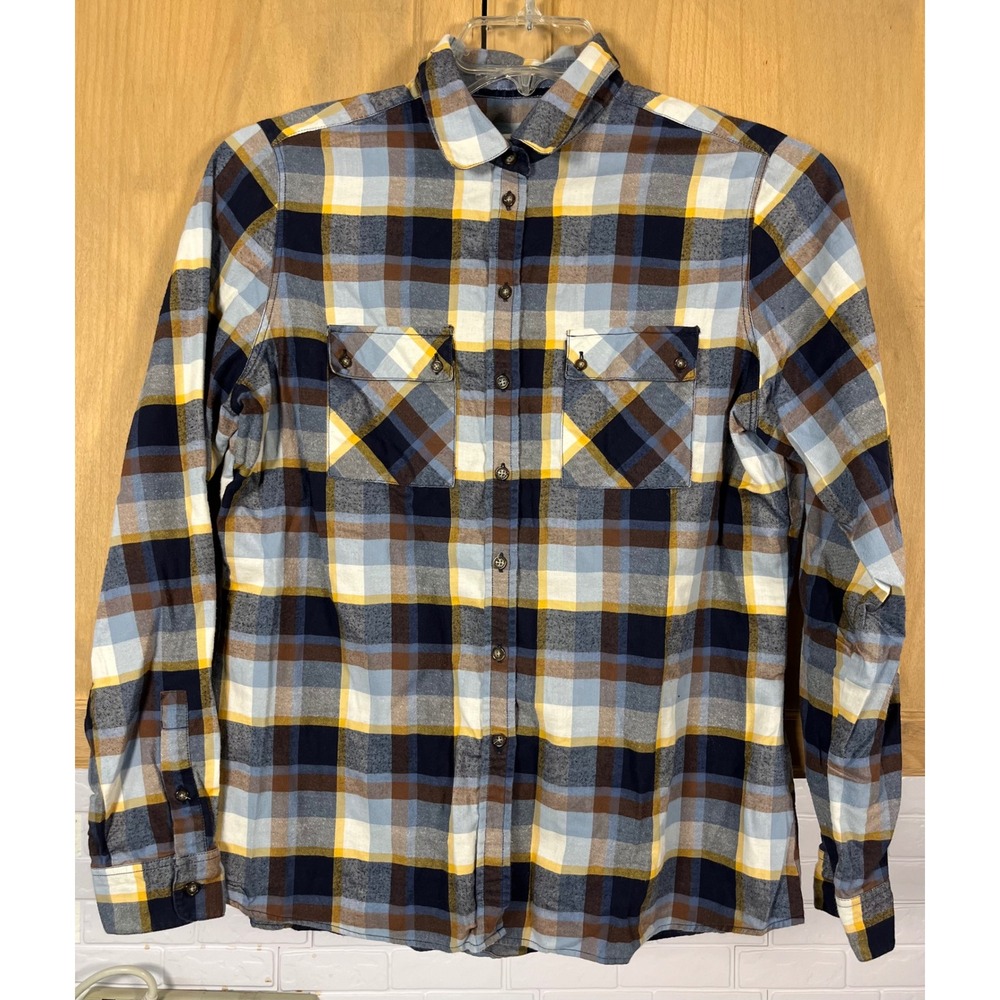 Barbour Darwen Shirt Womens 12 Blue Yellow Plaid Cotton Long Sleeve Button Down